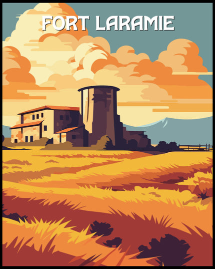 Ein Poster der National Historic Site Fort Laramie mit einem großem Armeefort, das von goldenem Gras umgeben ist.