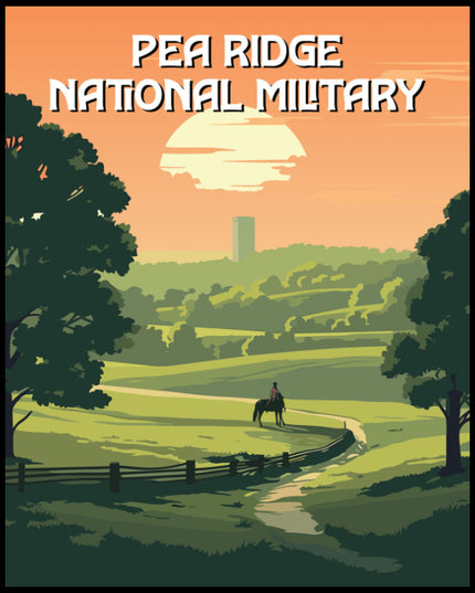 Ein Poster des Pea Ridge National Military Parks, das eine ländliche Szene mit einem Reiter auf einem Pfad bei Sonnenuntergang zeigt.