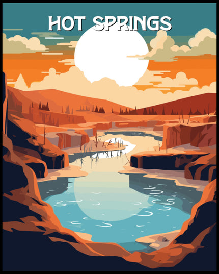 Ein Poster des Hot Springs Nationalparks, das eine heiße Quelle in einer weiten, hügeligen Landschaft bei Sonnenuntergang zeigt.