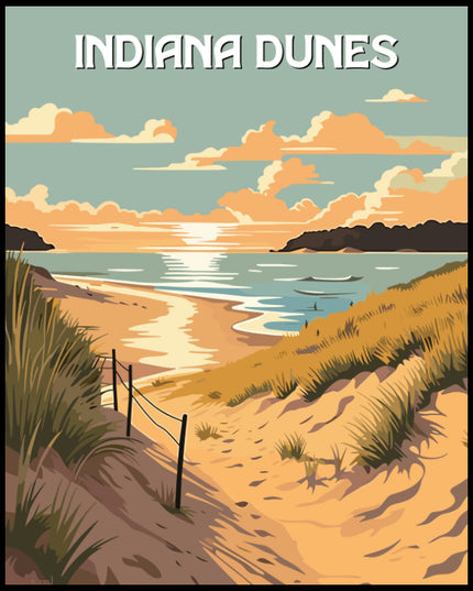 Ein Poster vom Indiana Dunes Nationalpark mit einer Küstenlandschaft, Sanddünen und einem wunderschönen Sonnenuntergang.