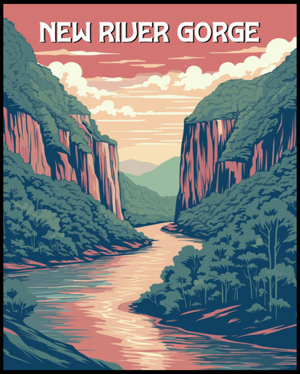 Ein Poster von einer beeindruckenden Flusslandschaft im New River Gorge-Nationalpark, umgeben von hohen Klippen und dichter Vegetation.