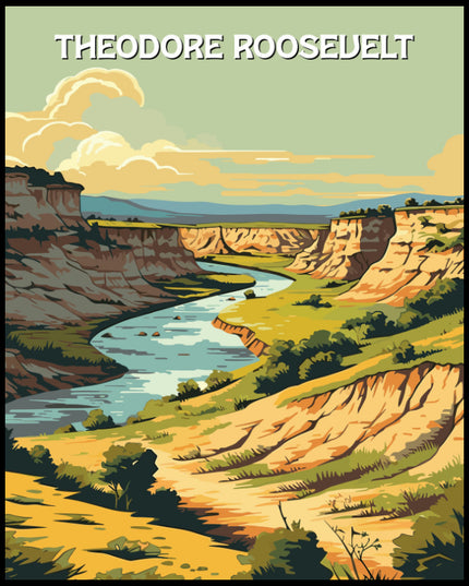 Ein Poster von Theodore Roosevelt Nationalpark mit einer beeindruckenden Schlucht und einem gewundenen Fluss inmitten einer weiten Landschaft.