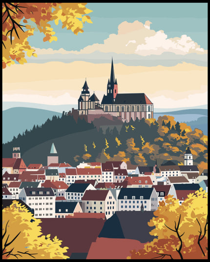 Ein Poster von der malerischen Stadt Marburg, mit der Elisabethkirche und den farbenfrohen Häusern im Herbst.