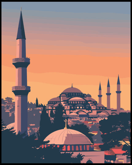 Ein Poster von Selçuk, das eine stilisierte Darstellung einer Stadt mit Minaretten und einer Moschee im Sonnenuntergang zeigt.