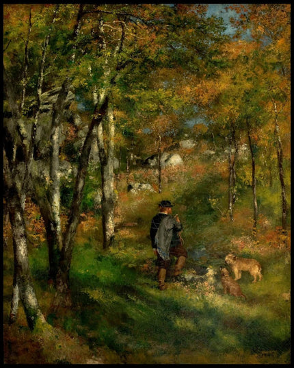 Le peintre Jules Le Coeur et ses chiens dans la forêt de Fontainebleau