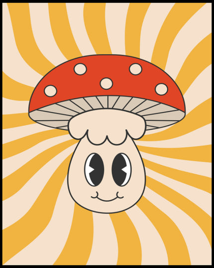 Ein Poster von einem süßen Retro-Pilz mit großen Augen vor einem gelben Strahlenhintergrund.