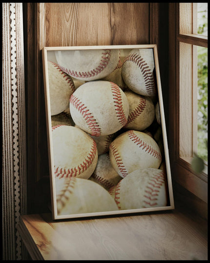 Ein gerahmtes Poster von mehreren alten Baseballbällen mit abgenutzten Nähten, vor einem Fenster an die Wand angelehnt