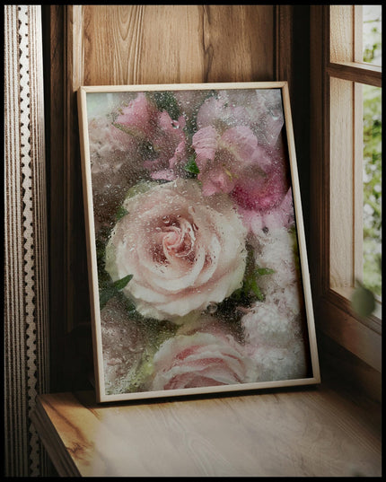 Ein gerahmtes Poster von zarten rosa und weißen Blumen hinter einer Glasscheibe, die von Wassertropfen bedeckt sind, vor einem Fenster an die Wand angelehnt